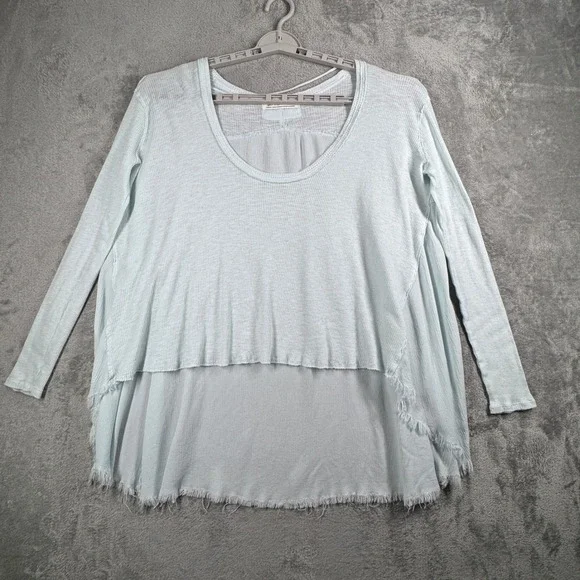 We The Free TT Special Tee Top Medium Ribbed High Low Raw Hem Blue Frayed Grunge - Picture 2 of 11